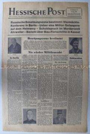 Nachrichtenblatt der US-Armee "Hessische Post" u.a. zur Festlegung der Besatzungszonen und zur ersten Deklaration des Obersten Alliierten Kontrollrates