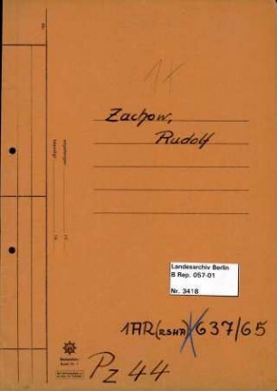 Personenheft Rudolf Zachow (*11.09.1900), Kriminalsekretär