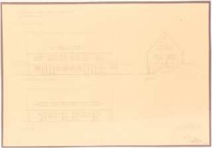 Machnower Schleuse, Kleinmachnow: Vierfamilien-Arbeiterwohnhaus (Typ III) an der Schleuse Südansicht, Nordansicht, Giebelansicht 1:100