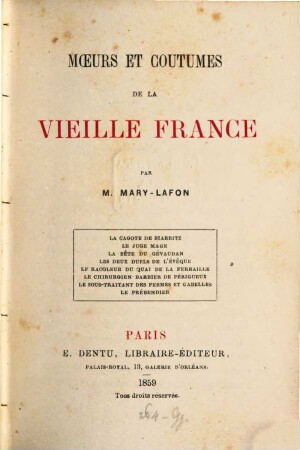 Moeurs et coutumes de la Vieille France