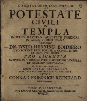 Dissertationem Inavgvralem De Potestate Civili In Templa : Indvltv Illvstris Facvltatis Ivridicae In Alma Fridericiana