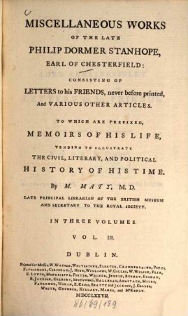 Miscellaneous works : Consisting of letters to his friends, never before printed, and various other articles. 3 (1777)