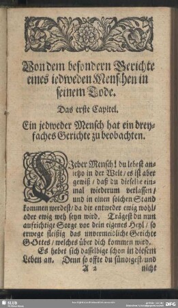 Das erste Capitel. Ein jedweder Mensch hat ein dreyfaches Gerichte zu beobachten