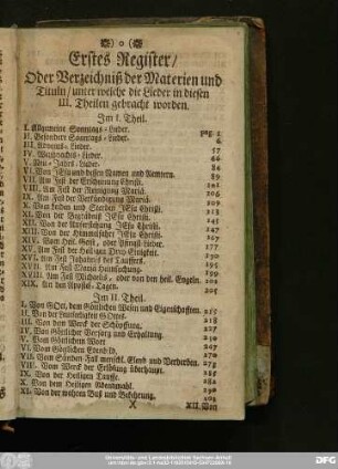Erstes Register, Oder Verzeichniß der Materien und Tituln, unter welche die Lieder in diesen III. Theilen gebracht worden.