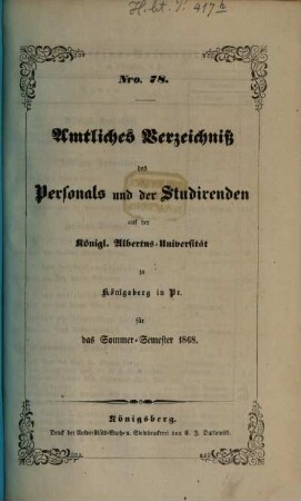 Amtliches Verzeichnis des Personals und der Studierenden der Albertus-Universität zu Königsberg i. Pr, 1868, SS = Nr. 78