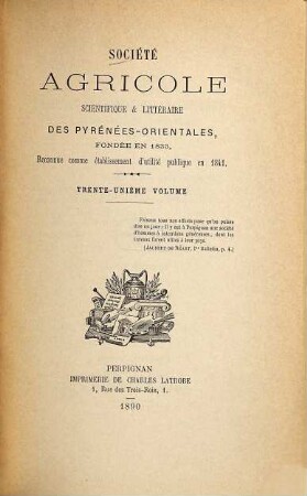 Société Agricole, Scientifique et Littéraire des Pyrénées-Orientales. 31. 1890