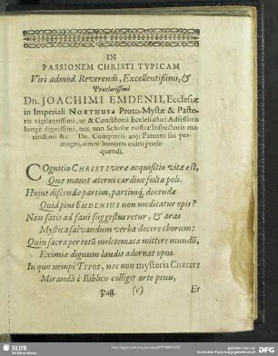 In Passionem Christi Typicam Viri admod. Reverendi, Excellentißimi, Praeclarissimi Dn. Joachimi Emdenii ...