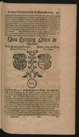 Wappen. Otto Herzog zu Braunschweig und Lüneburg. und Anna/ geborne Gräffin zu Nassaw.