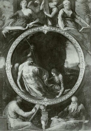 Maria und Magdalena mit dem Leichnam Christi. In den vier Ecken die vier Evangelisten