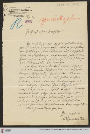 Briefe von Johann Adolf Repsold an Max Wolf: Brief von A. Repsold & Söhne an Max Wolf