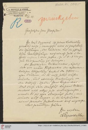 Briefe von Johann Adolf Repsold an Max Wolf: Brief von A. Repsold & Söhne an Max Wolf