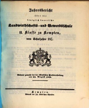 Jahresbericht über die Königliche Landwirthschafts- und Gewerbsschule in Kempten. 1847/48