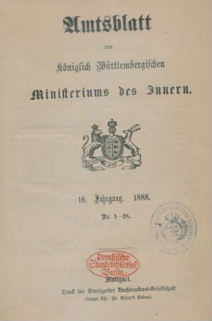 18.1888: Amtsblatt des Württembergischen Ministeriums des Innern