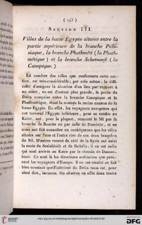 Section III: Villes de la basse Égypte situées entre la partie supérieure de la branche Pélusiaque, la branche Phathmêti (la Phathmétique) et la branche Schetnoufi (la Canopique)
