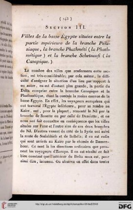 Section III: Villes de la basse Égypte situées entre la partie supérieure de la branche Pélusiaque, la branche Phathmêti (la Phathmétique) et la branche Schetnoufi (la Canopique)