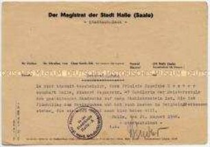 Bescheinigung der Stadt Halle für Roswitha Moxter zur Abholung von Haushaltsartikeln aus Bergheim - Personenkonvolut