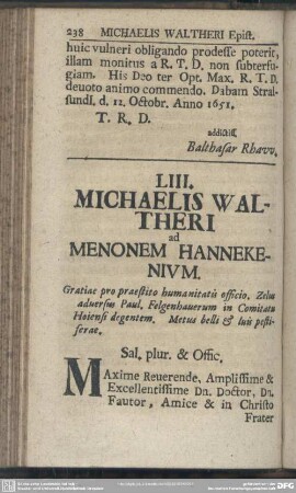 LIII. Michaelis Waltheri ad Menonem Hannekenium