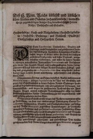 Deß H. Röm. Reichs löblichst und löblichen Chur-Fürsten und Ständen hochansehentliche/ vortreffliche/ zu gegenwärtigen Reichs-Tag bevollmächtigte Herren Räthe/ Botschaffte und Gesandte ...