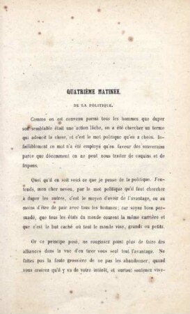 Quatrième Matinée. De la politique.