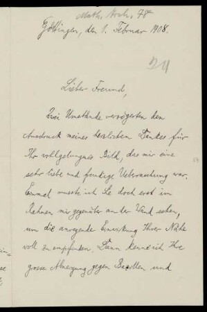 Nr. 28: Brief von Hermann Minkowski an Adolf Hurwitz, Göttingen, 1.2.1908