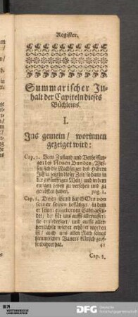 Summarischer Inhalt der Kapiteln dieses Büchleins.