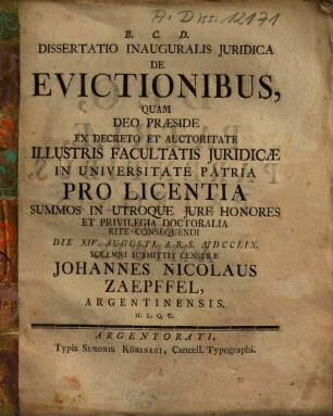 Dissertatio Inauguralis Iuridica De Evictionibus