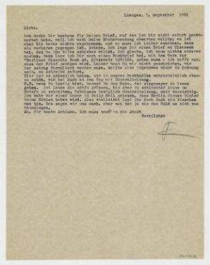 Brief von Raoul Hausmann an Elfriede Hausmann. Limoges