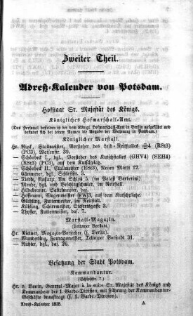 Zweiter Theil. Adreß-Kalender von Potsdam