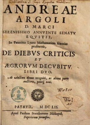 De diebus criticis et aegrorum decubitu : libri duo, [1]