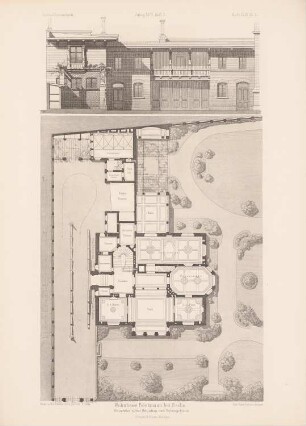 Wohnhaus Böckmann, Berlin: Grundriss mit Garten, Ansicht Nebengebäude (aus: Architektonisches Skizzenbuch, H. 154/1, 1879)