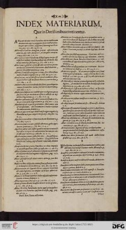 Index materiarum, Quae in Decisionibus continentur