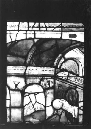 Szene aus der Nikolauslegende : Wilsnack (Kreis Perleberg): Pfarrkirche Sankt Nikolai, Fenster n VIII 6 c (Aufnahme nach der Restaurierung). Szene aus der Nikolauslegende. Architekturdetail und Hand des Nikolaus mit Goldkugel. Glasmalerei. 1459/1460, niederländisch