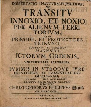 Dissertatio inauguralis iuridica de transitu innoxio et noxio per alienum territorium