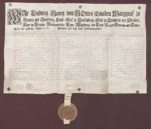 Erblehenbrief des Markgrafen Ludwig Georg von Baden-Baden über die herrschaftliche Mahlmühle zu Sandweier für Jacob Schmalholz