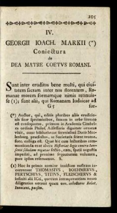 IV. Georgii Ioach. Markii Coniectura de Dea Matre Coetus Romani