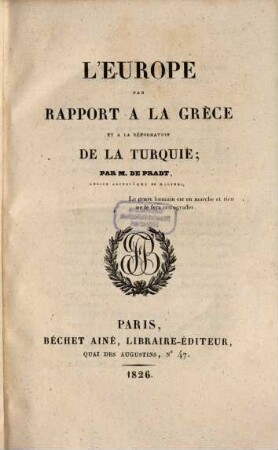 L' Europe par rapport à la Grèce et à la Reformation de la Turquie