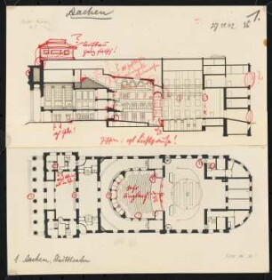 Stadttheater, Aachen: Grundriss und Längsschnitt