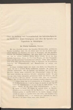 Über die Stellung und Verwandtschaft der Subtiaba-Sprache der Pazifischen Küste Nicaraguas und über die Sprache von Tapachula in Südchiapas
