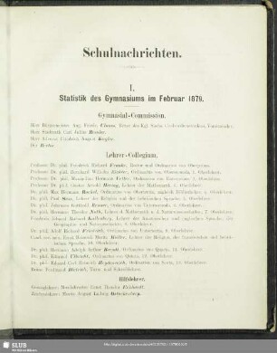 I. Statistik des Gymnasiums im Februar 1879