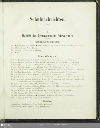 I. Statistik des Gymnasiums im Februar 1879
