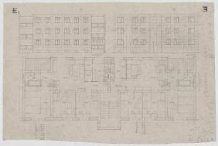 Wettbewerb Siedlung Constructa I (nicht realisiert) – Typ E1: Westansicht, Ostansicht, Grundriss Regelgeschoss. Hannover, Hildesheimer Straße, Schlägerstraße, Krausenstraße, Bandelstraße