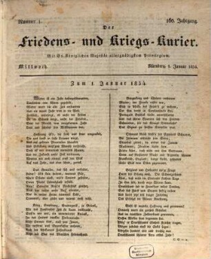 Der Friedens- u. Kriegs-Kurier : mit Sr. Königlichen Majestät allergnädigstem Privilegium. 1834,[1] = Jg. 160, Jan. - Juni