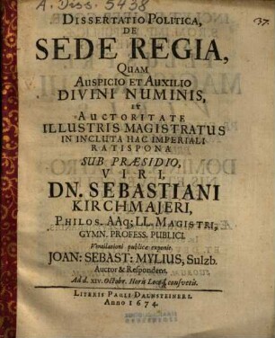 Dissertatio Politica De Sede Regia