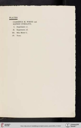 Clarence H. [Hudson] White and Alfred Stieglitz [list of plates]