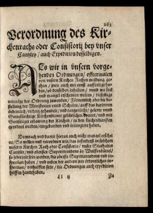 Verordnung des Kirchenraths oder Consistorii bey unser Cantzley/ auch Expedition desselbigen.