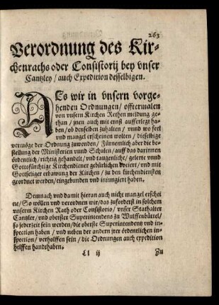 Verordnung des Kirchenraths oder Consistorii bey unser Cantzley/ auch Expedition desselbigen.