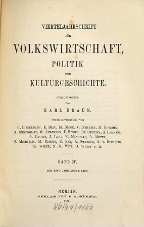 Vierteljahrschrift für Volkswirtschaft, Politik und Kulturgeschichte, 27,1 = Bd. 105. 1890