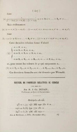 Recueil de formules relatives au cercle.