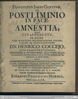 Disputatio Juris Gentium, De Postliminio In Pace, Et Amnestia