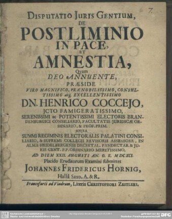 Disputatio Juris Gentium, De Postliminio In Pace, Et Amnestia